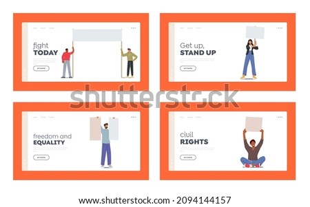 Citizen Protesting Landing Page Template Set. Male Female Characters Hold Empty Placards, Banners or Signs Fighting for their Rights, Angry People with Placards on Rally. Cartoon Vector Illustration