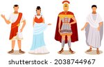 Citizens of ancient rome in traditional costumes set, legionary, roman woman, plebeian, emperor flat vector illustration. Ancient historical characters wearing in authentic clothes cartoon rome people