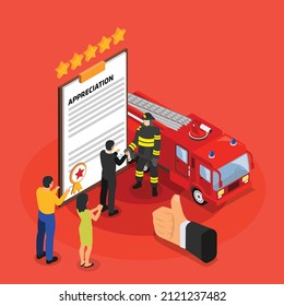 Citizens appreciate fire fighter 3D isometric vector concept for banner, website, illustration, landing page, flyer, etc