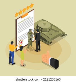 Citizens appreciate a soldier for their service 3D isometric vector concept for banner, website, illustration, landing page, flyer, etc