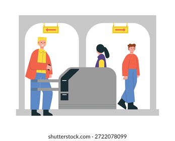 Citizens are checking the tripod turnstile, procedures at the station. Character design. Vector flat illustration.