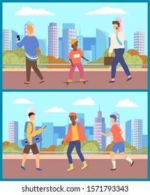 Citizens of city at streets vector, businessman talking on phone with partners. Teenager texting messages on smartphone carrying skateboard. Kid strolling in town, people characters flat style