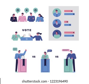 Citizens debating candidates for voting and voting. flat design style vector graphic illustration.