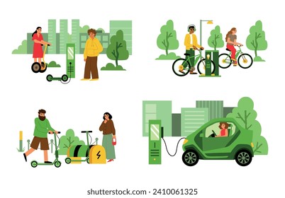 Citizens drive ecological transport. Personal electric vehicles, urban lifestyle scenes, charging scooters, cars and bicycles, vector set.eps
