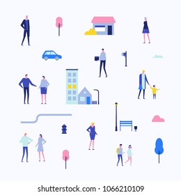 Citizens - flat design style set of isolated elements on white background for creating your own images. Cute cartoon characters in different poses. A collection with buildings, trees, lanterns, roads