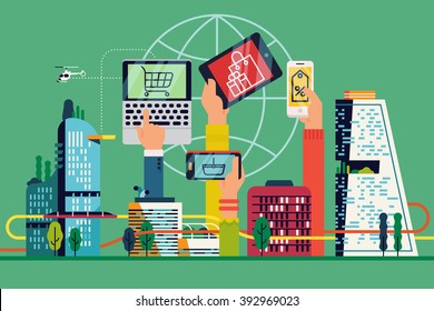 Citizens hands using mobile devices for online shopping abstract vector background, banner or header image. Cool online market and Internet auction concept business illustration. Electronic commerce