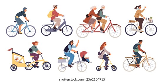 Citizens on bicycles. People ride different bikes. Green transport. Women on bikes. Men baking in park. Elderly couple on tandem. Stroller trailer. Garish vector happy