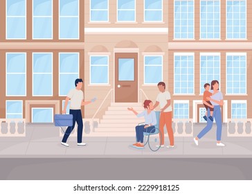 Citizens on town street flat color vector illustration. Woman in wheelchair with friend in city. Inclusion in urban lifestyle. Fully editable 2D simple cartoon characters with cityscape on background