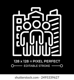 Ciudadanos pixel icono lineal blanco perfecto para tema oscuro. La cultura de la sociedad humana. Compromiso público. Paisaje urbano futurista. Ilustración de línea fina. Símbolo aislado para el modo nocturno. Trazo editable