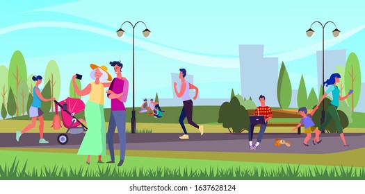 Citizens relaxing in summer park. Crowd, people, city, grass, tree flat vector illustration. Leisure, outdoors, lifestyle, weekend concept for banner, website design or landing web page