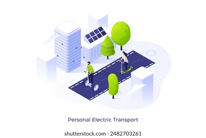Citizens riding scooters along city street. Personal electric transport concept isometric vector illustration. Protecting environment choosing clean vehicles cartoon characters colour composition