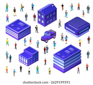 Citizens walking and interacting near isometric buildings and houses