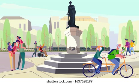 Citizens walking on square with monument. Tourists, king with sword, statue flat vector illustration. Landmark, tourism, attraction concept for banner, website design or landing web page