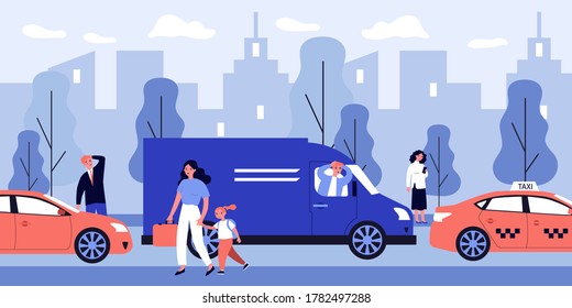 Citizens walking on street during rush hour. Car, traffic, people flat vector illustration. Cityscape and urban lifestyle concept for banner, website design or landing web page