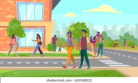 Citizens walking in suburb area. Families, young couples spending leisure time outside flat vector illustration. Residential district, community concept for banner, website design or landing web page