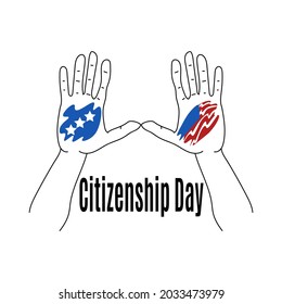 Citizenship Day, idea for a banner or postcard, hands raised up with symbolic art vector illustration