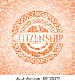 Citizenship orange tile background illustration. Square geometric mosaic seamless pattern with emblem inside.