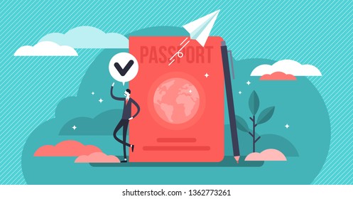 Citizenship Vector Illustration. Flat Tiny Country Passport Persons Concept. Legal Document To Travel. National Identification Card To Foreign Border. Emigration Control And Government Security Visa.
