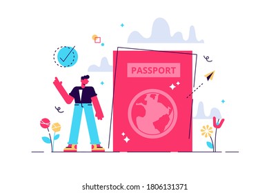 Citizenship Vector Illustration. Flat Tiny Country Passport Persons Concept. Legal Document To Travel. National Identification Card To Foreign Border. Emigration Control And Government Security Visa.