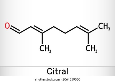 Citral, Lemonal, Geranial Molecule. A Volatile Oil Component, Used To Make Other Chemicals. Skeletal Chemical Formula. Vector Illustration