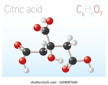 Citric acid C6H8O7 Structural Chemical Formula and Molecule Model. Chemistry Education Vector Illustration
