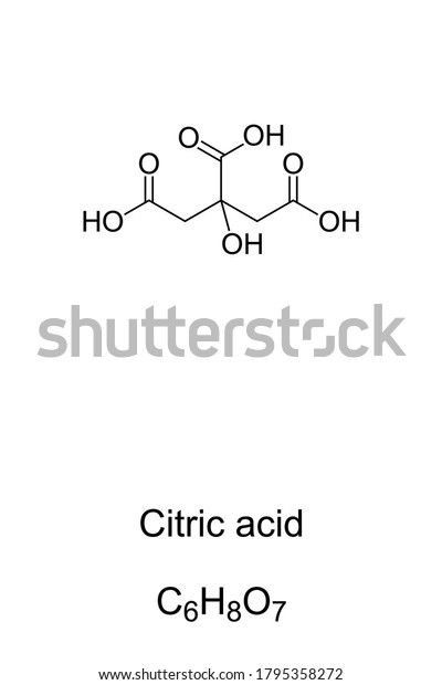 Citric acid, chemical structure and formula. Weak\
organic acid, naturally in citrus fruits. Intermediate in citric\
acid cycle. Used as acidifier, as flavoring and chelating agent.\
Illustration. Vector