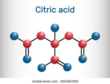 Citric acid molecule, alpha hydroxy acid, AHA. Is used as additive in food, cleaning agents, nutritional supplements. Molecule model. Vector illustration


