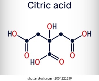 Citric acid molecule, alpha hydroxy acid, AHA. Is used as additive in food, cleaning agents, nutritional supplements. Skeletal chemical formula. Vector illustration