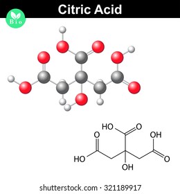 Citric acid molecule, citrate, structural chemical formula and model, 2d & 3d vector, isolated on white background, eps 8