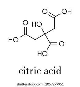 Citric acid molecule. Common fruit acid, used as food additive and for many other purposes. Skeletal formula.