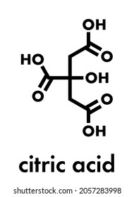 Citric acid molecule. Common fruit acid, used as food additive and for many other purposes. Skeletal formula.