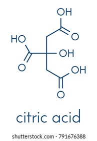 Citric acid molecule. Common fruit acid, used as food additive and for many other purposes. Skeletal formula.