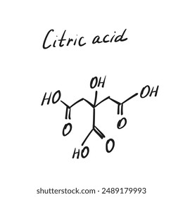 Citric acid molecule formula. Hand drawn imitation of organic acid structural model, citric acid chemistry skeletal formula, sketchy vector symbol