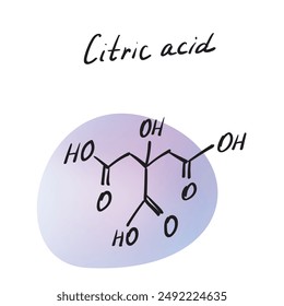 Zitronensäure-Molekül-Formel. Handgezeichnete Imitation des organischen Säurestrukturmodells, Zitronensäurechemie-Skelettformel, skizziertes Vektorgrafik-Symbol