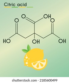 Citric acid molecule, is found in citrus fruits, lemons and limes. Citrate, structural chemical. Lemon vector illustration