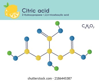 Citric acid molecule, is found in citrus fruits, lemons and limes. Citrate, structural chemical formula isolated on white background. Lemon vector illustration