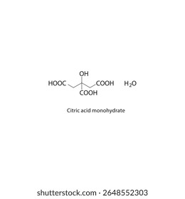 Estrutura esquelética mono-hidratada de ácido cítrico. Ilustração esquemática do composto de ácido tricarboxílico hidratado. Diagrama simples, fórmula química.