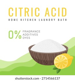 Citric acid packaging template. Modern minimalistic style. Natural versatile remedy for home use. Bright, natural colors, sample typography. Image of lemon, bowl white crystalline powder citric acid.