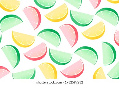Citric fruit, lemon, lime, orange, grapefruit, pomelo, mandarine pattern. Beautiful juicy citrus slice. For packaging, labels, logo, showcase, banner. Vector illustration icon pattern. Exotic.