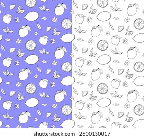 Citric orange lemons whole and cut slices with leaves and white flowers seamless pattern. Vector graphic line ink black and white illustration on transparent background. Ideal for menu, textile
