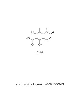Estrutura esquelética de citrinina. Ilustração esquemática do composto de micotoxina. Diagrama simples, fórmula química.