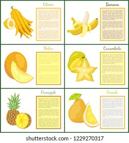 Citron banana and melon posters set with text sample vector. Yellow fruits carambola star slice, pineapple and kumquat. Summer products healthy food