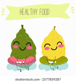 Citron fruit, funny fruit cute cheerful characters. Vector hand drawn illistration.