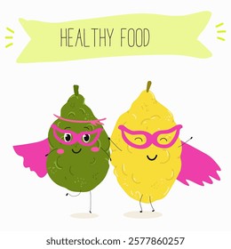 Citron fruit, funny fruit cute cheerful characters. Vector hand drawn illistration.