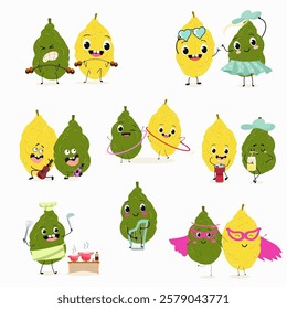 Citron fruit, funny fruit cute cheerful characters. Vector hand drawn illistration.