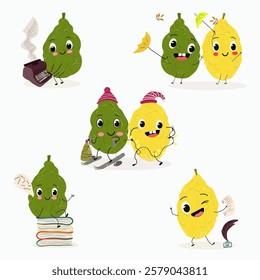 Citron fruit, funny fruit cute cheerful characters. Vector hand drawn illistration.