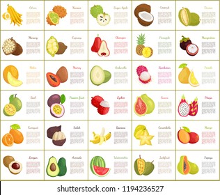Citron and kiwano posters set vector. Salak and kumquat, papaya and avocado watermelon and bael. Lychee and banana, papaya chompoo slices and guava