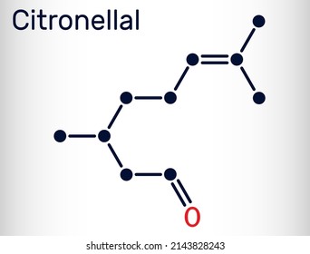 Citronellal, rhodinal molecule. It is monoterpenoid aldehyde, main component that give citronella oil its distinctive lemon scent. Skeletal chemical formula. Vector illustration