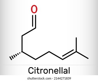 Citronellal, rhodinal molecule. It is monoterpenoid aldehyde, main component that give citronella oil its distinctive lemon scent. Skeletal chemical formula. Vector illustration