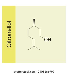 Citronellol skeletal structure diagram.Monoterpenoid compound molecule scientific illustration on yellow background.